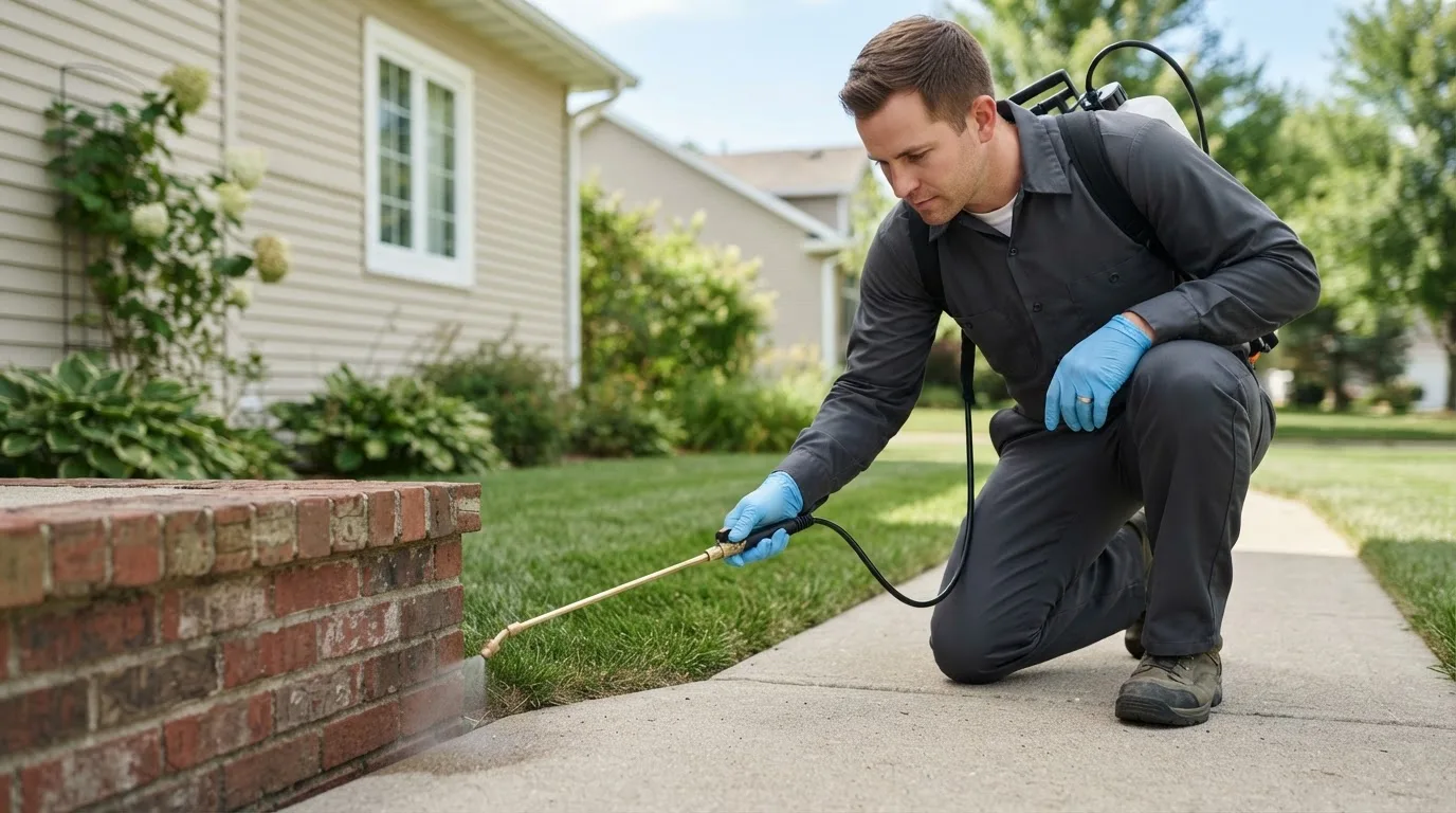 Pest control technician treating a home near La Monte, MO